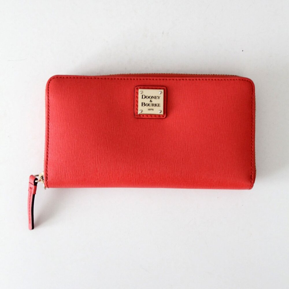 Dooney & Bourke Saffiano Large Zip Around Wallet Red Leather Striped Interior